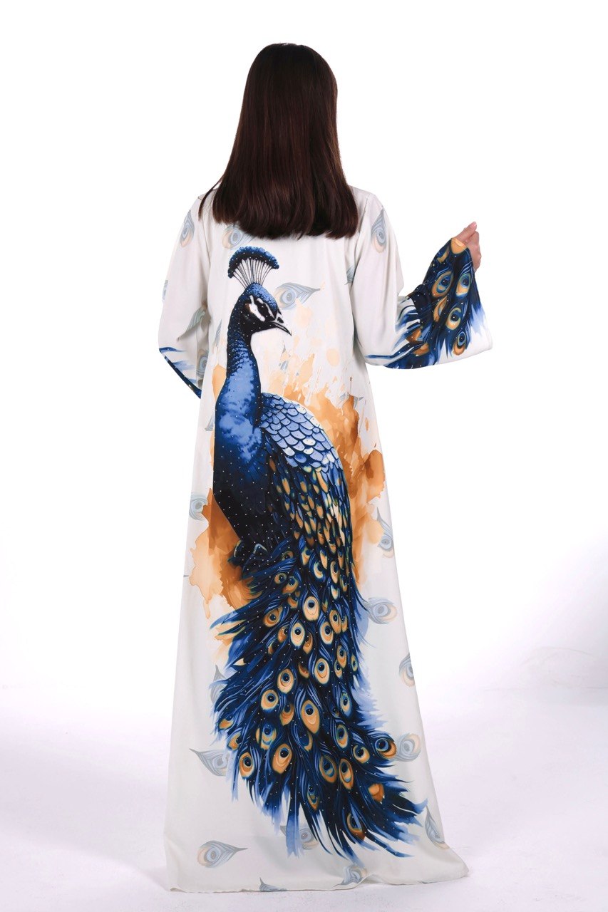 Peacock Print Chiffon Jalabiya – Soft Elegance with an Artistic Touch