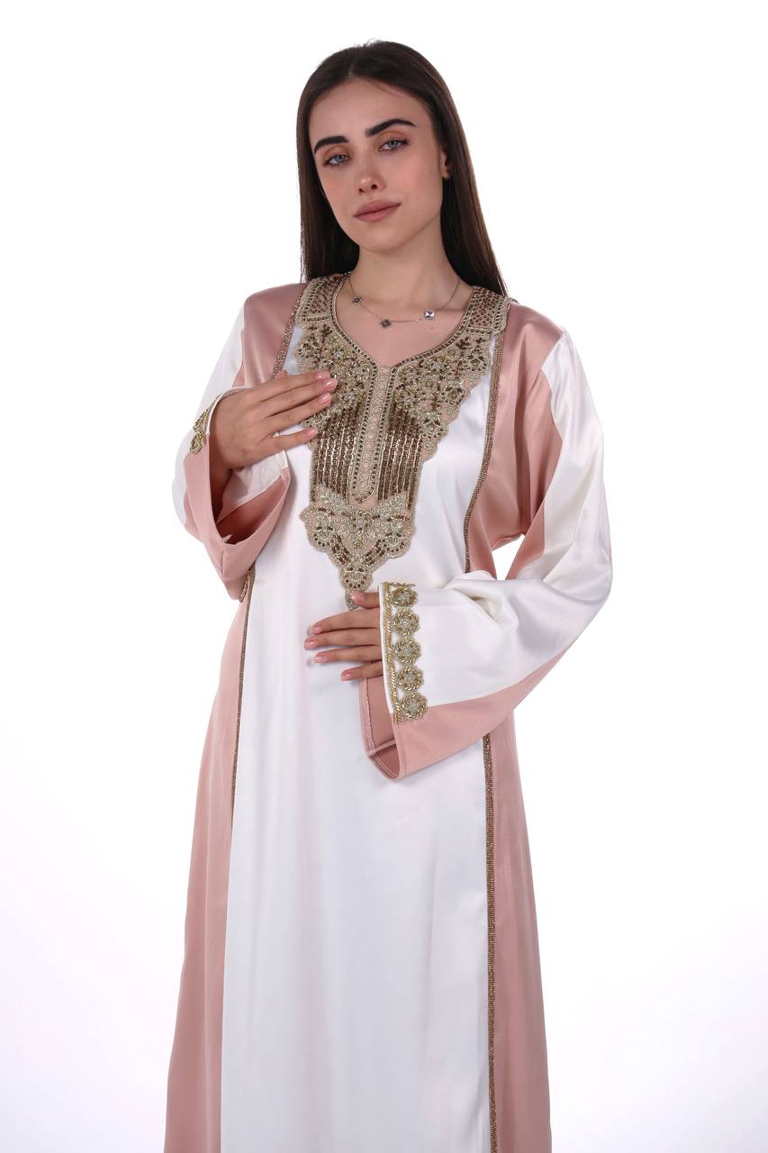 Two-Tone Satin Jalabiya with Hand-Embroidered Detailing